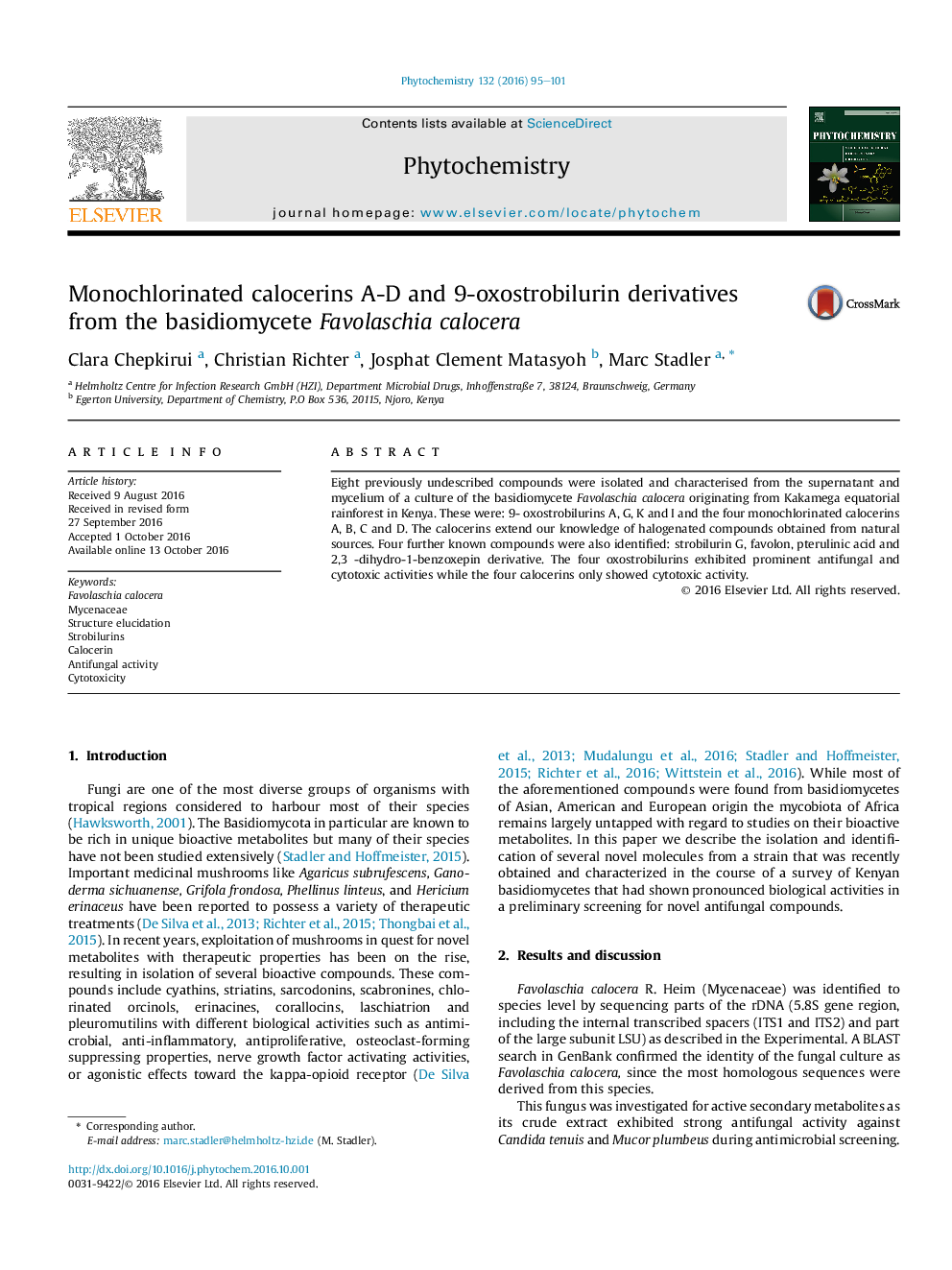 Monochlorinated calocerins A-D and 9-oxostrobilurin derivatives from the basidiomycete Favolaschia calocera