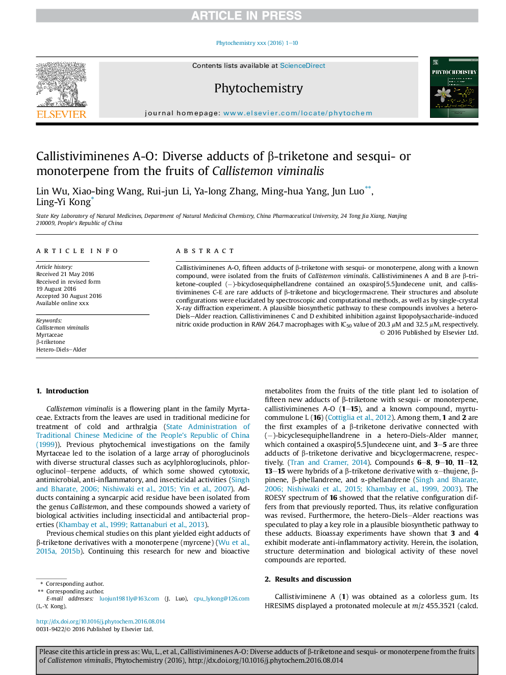 عکس صفحه اول مقاله: Callistiviminenes A-O: Diverse adducts of β-triketone and sesqui- or monoterpene from the fruits of Callistemon viminalis Callistiviminenes A-O: Diverse adducts of β-triketone and sesqui- or monoterpene from the fruits of Callistemon viminalis
