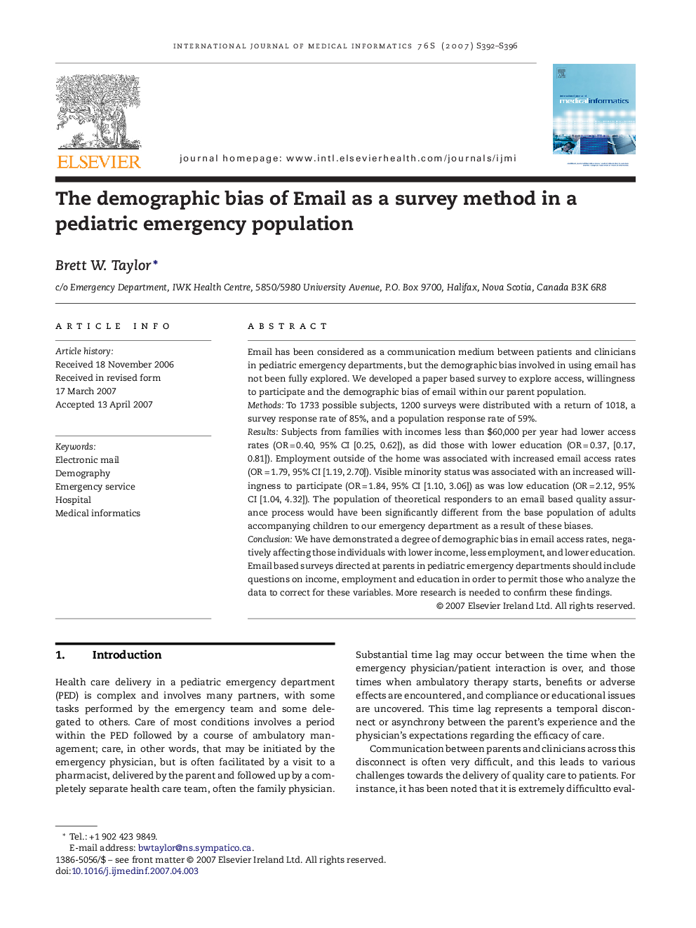 The demographic bias of Email as a survey method in a pediatric emergency population