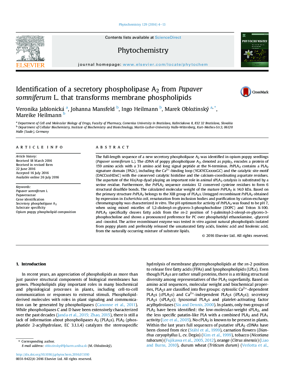 Identification of a secretory phospholipase A2 from Papaver somniferum L. that transforms membrane phospholipids