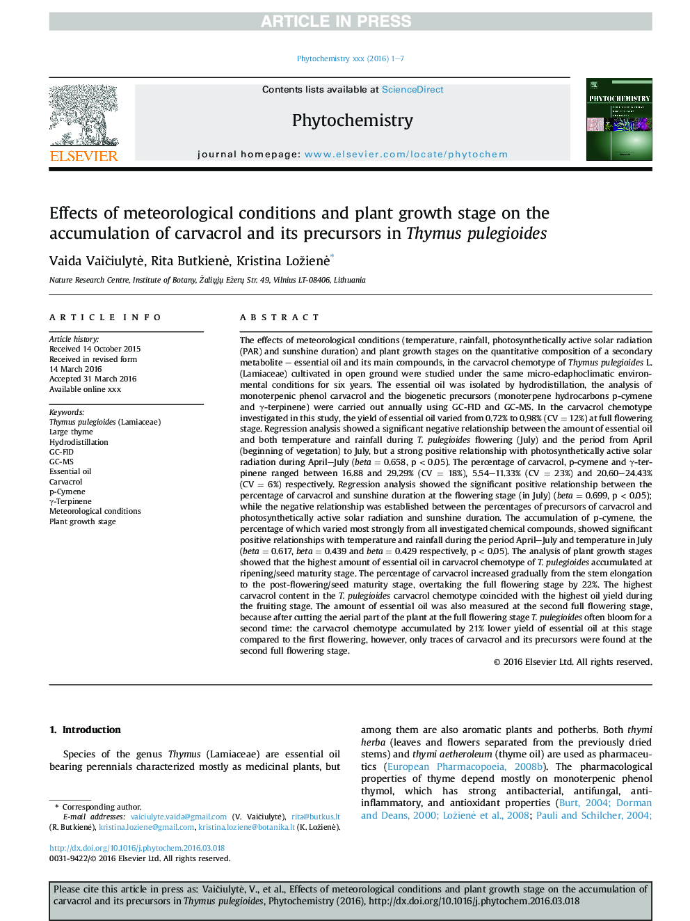 عکس صفحه اول مقاله: Effects of meteorological conditions and plant growth stage on the accumulation of carvacrol and its precursors in Thymus pulegioides Effects of meteorological conditions and plant growth stage on the accumulation of carvacrol and its precursors in Thymus pulegioides