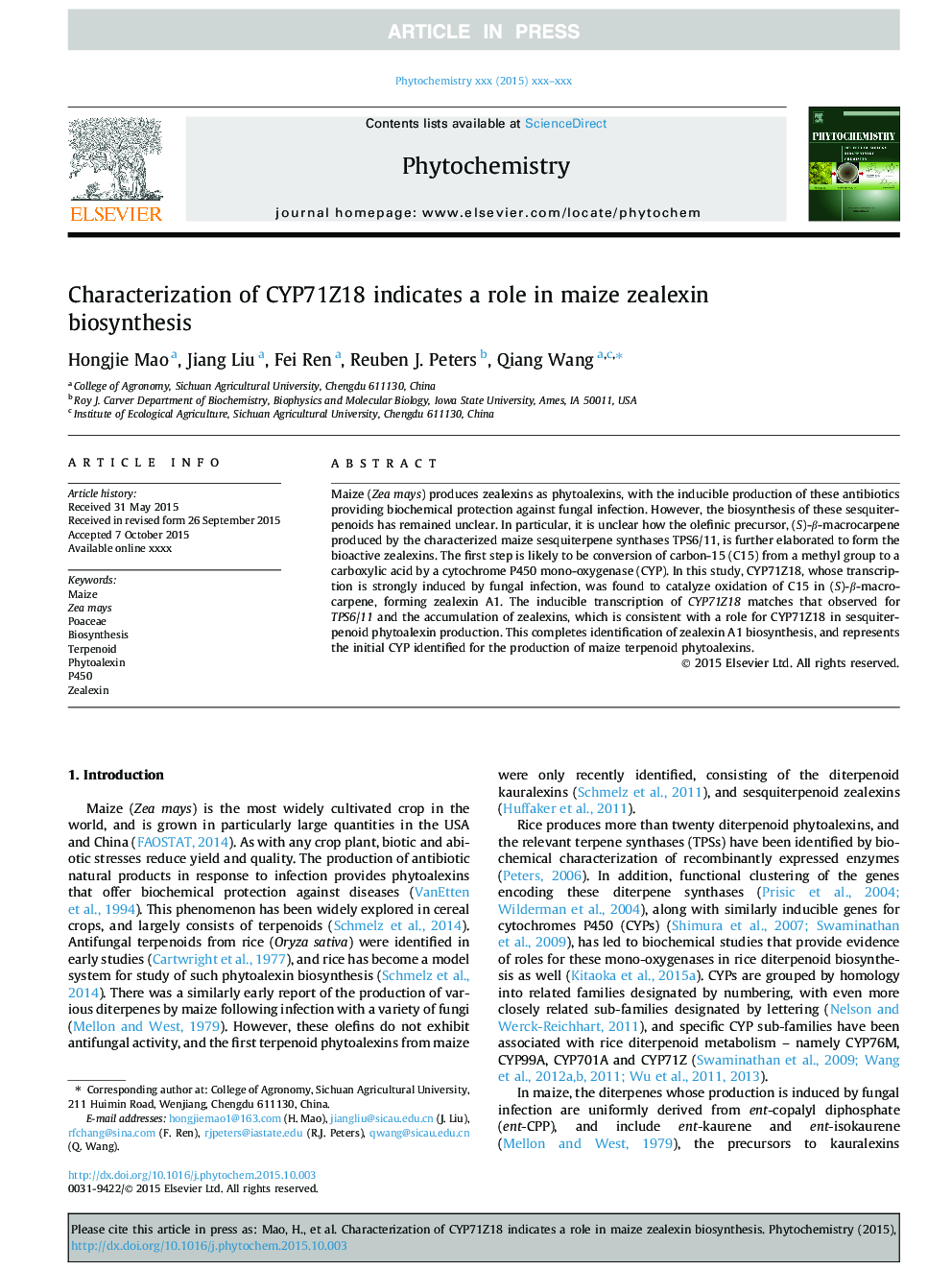 Characterization of CYP71Z18 indicates a role in maize zealexin biosynthesis