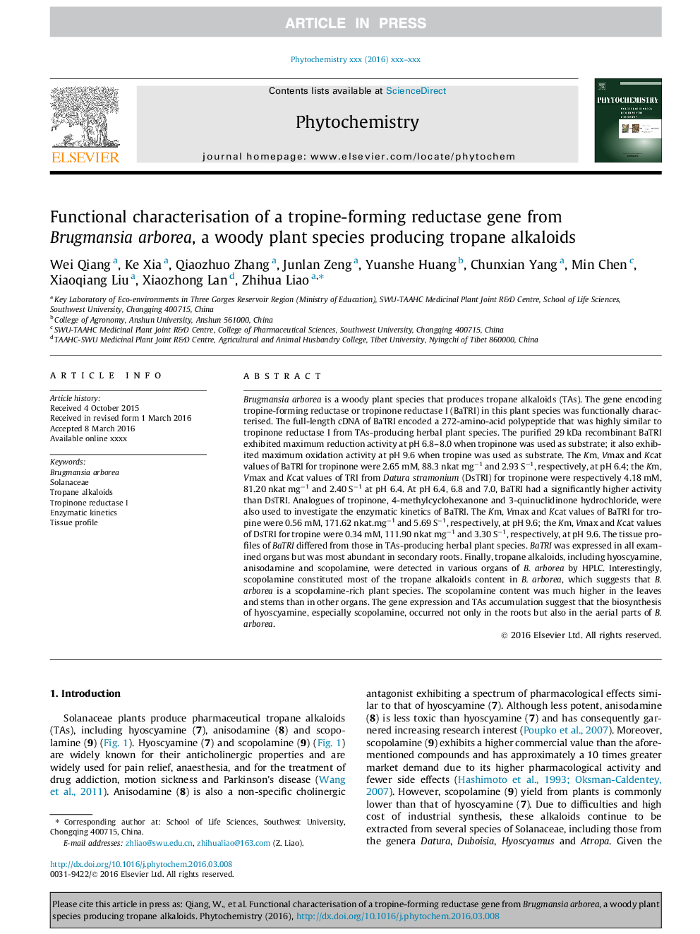 Functional characterisation of a tropine-forming reductase gene from Brugmansia arborea, a woody plant species producing tropane alkaloids