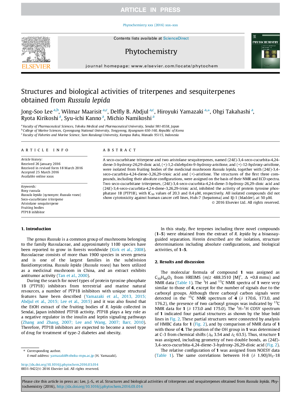 Structures and biological activities of triterpenes and sesquiterpenes obtained from Russula lepida