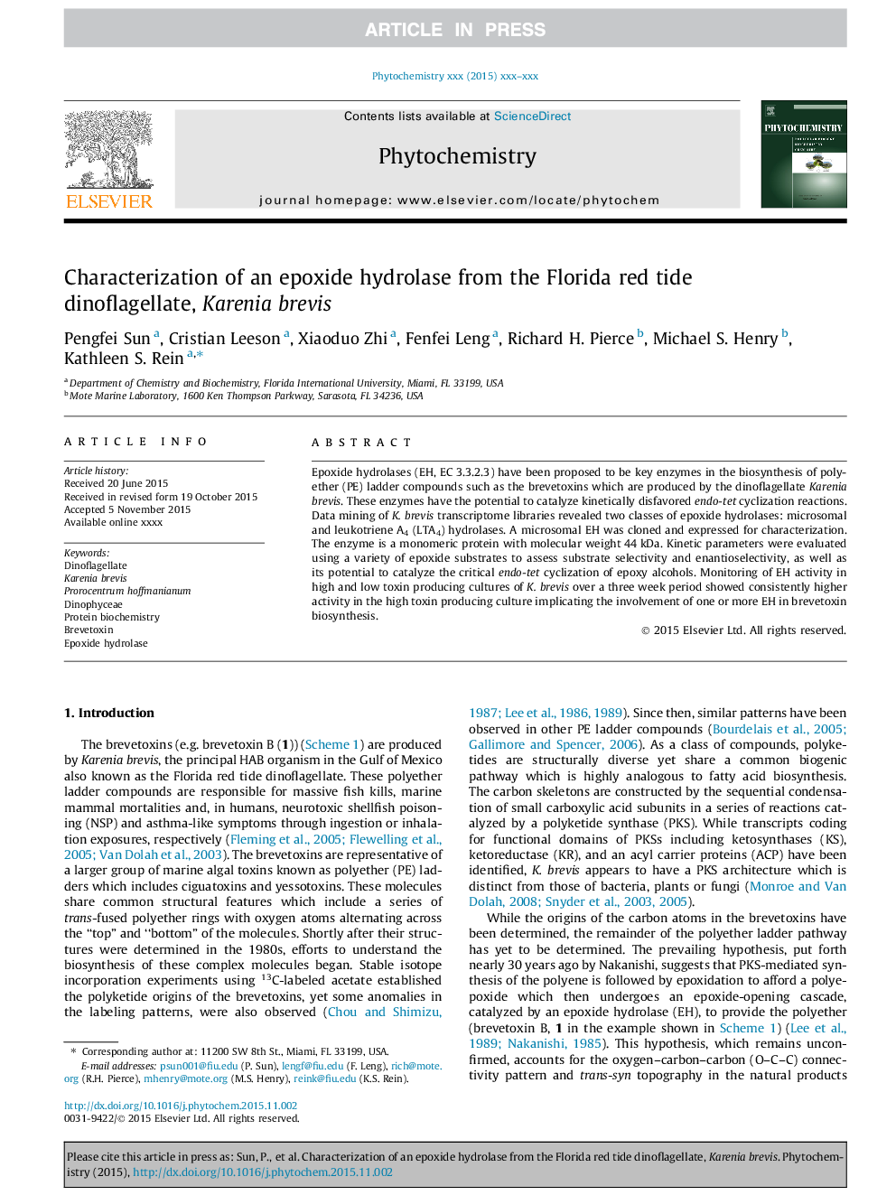 Characterization of an epoxide hydrolase from the Florida red tide dinoflagellate, Karenia brevis