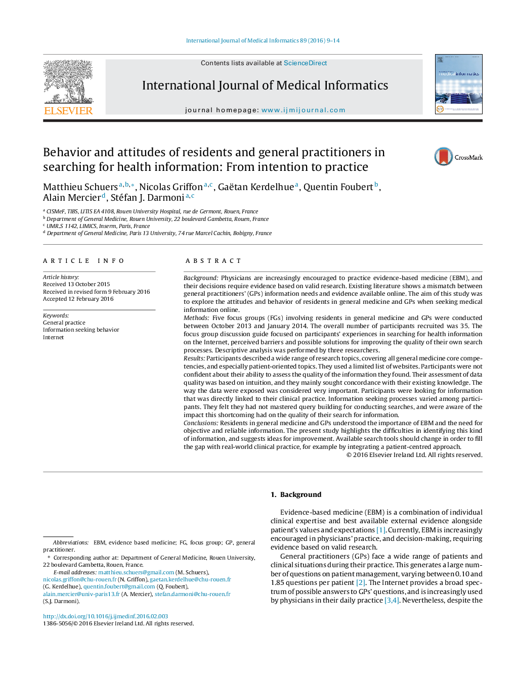 Behavior and attitudes of residents and general practitioners in searching for health information: From intention to practice