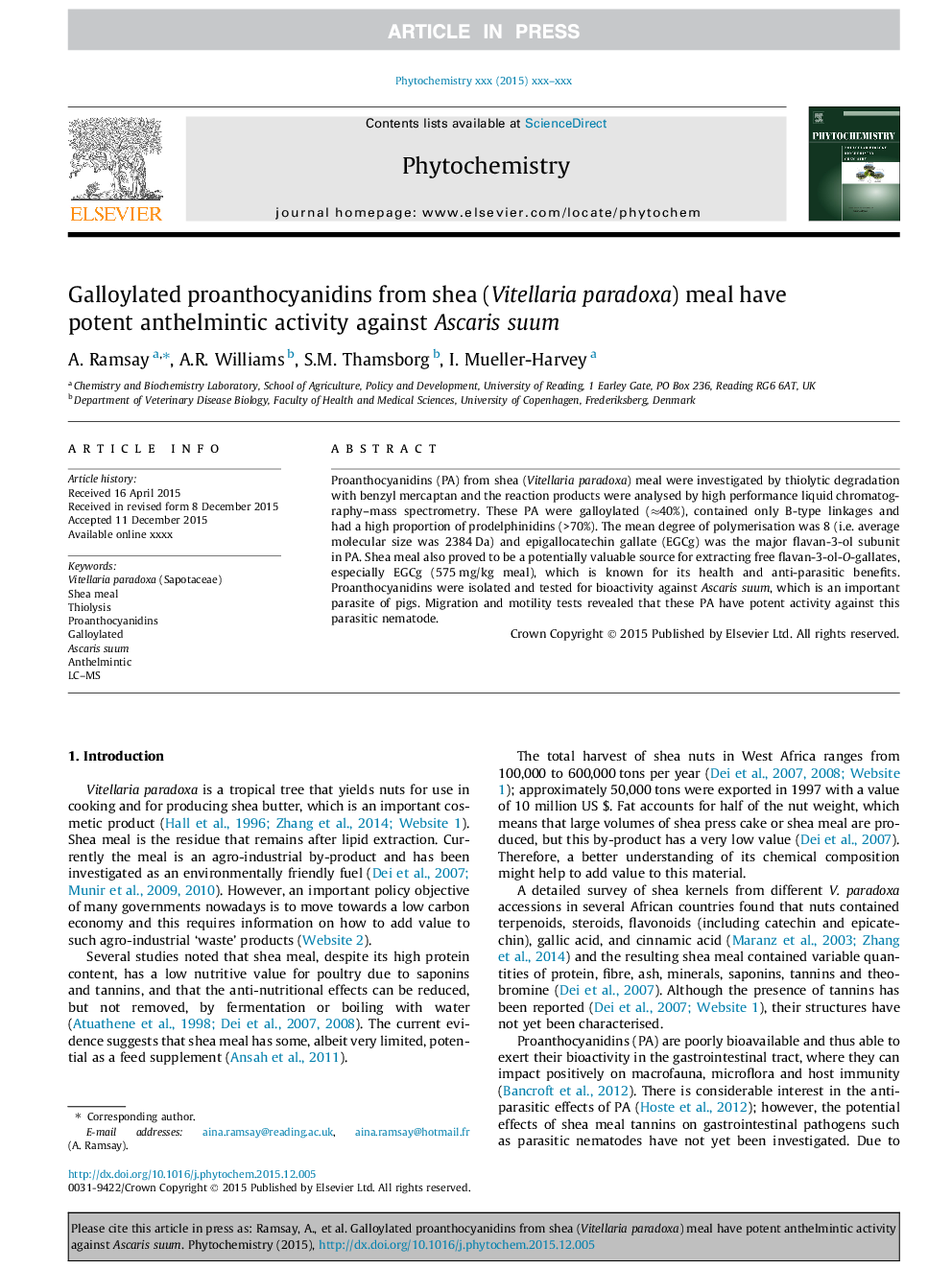 Galloylated proanthocyanidins from shea (Vitellaria paradoxa) meal have potent anthelmintic activity against Ascaris suum