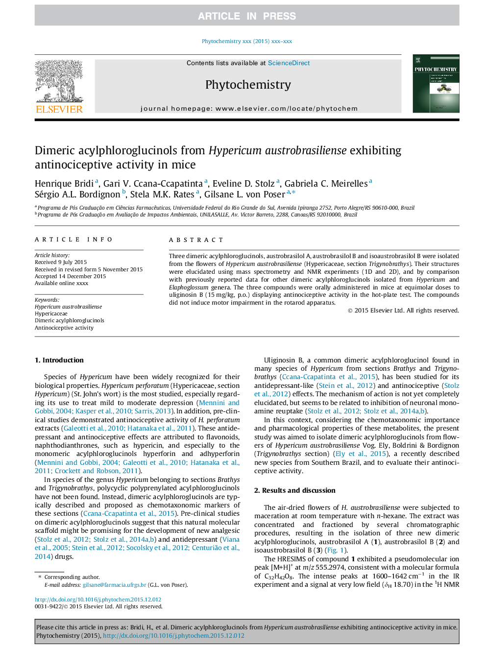 Dimeric acylphloroglucinols from Hypericum austrobrasiliense exhibiting antinociceptive activity in mice