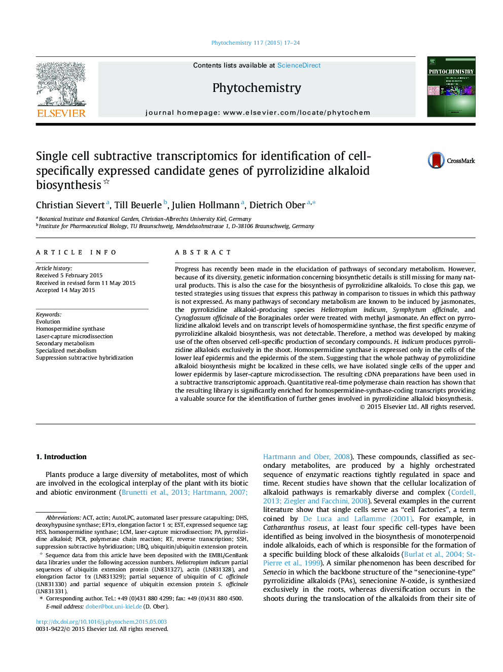 Single cell subtractive transcriptomics for identification of cell-specifically expressed candidate genes of pyrrolizidine alkaloid biosynthesis