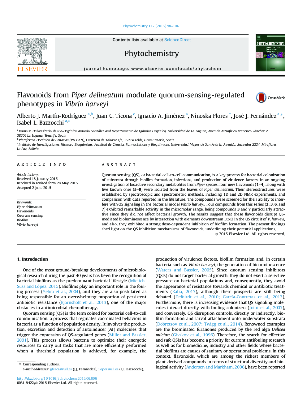 Flavonoids from Piper delineatum modulate quorum-sensing-regulated phenotypes in Vibrio harveyi
