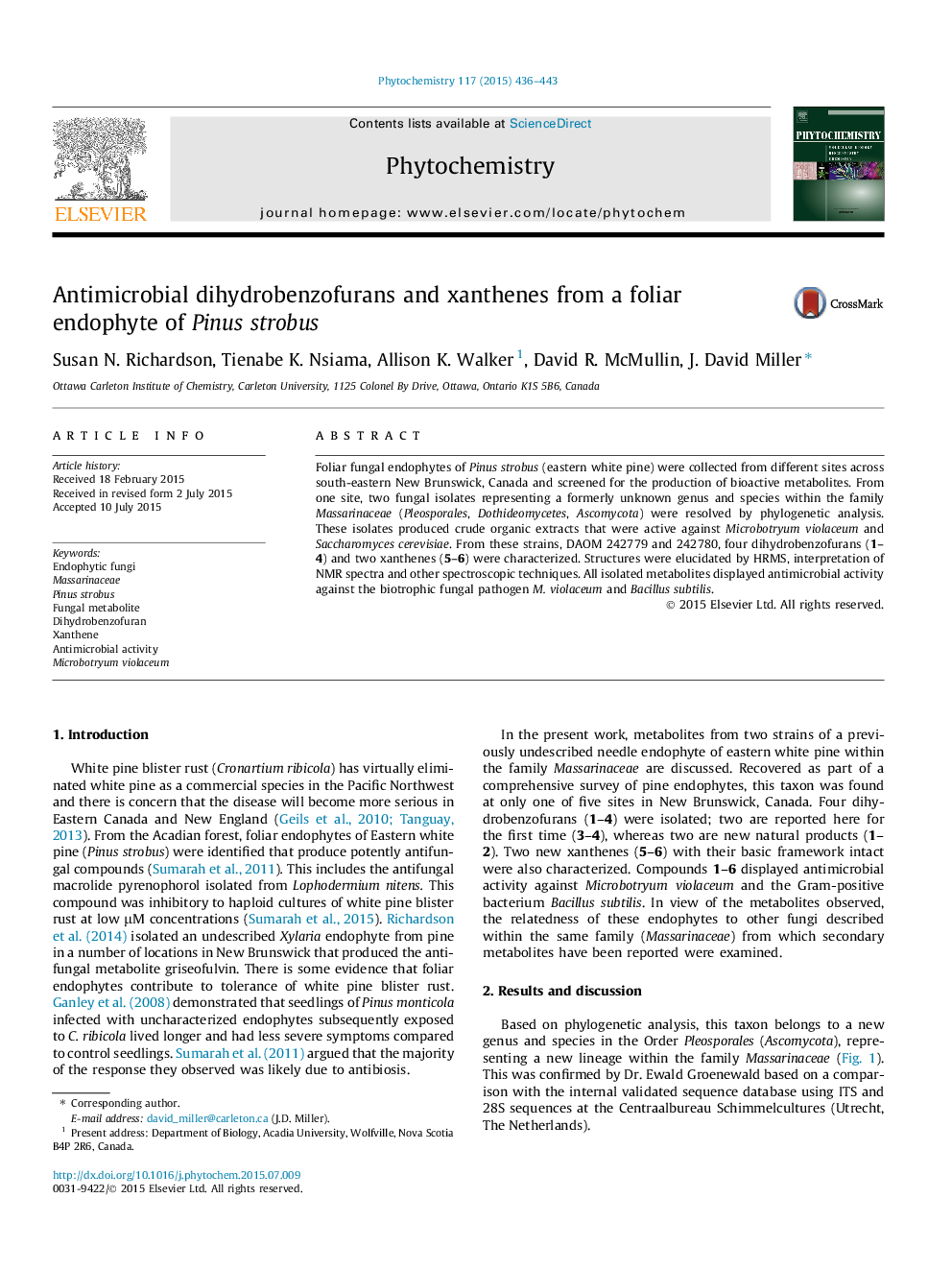 Antimicrobial dihydrobenzofurans and xanthenes from a foliar endophyte of Pinus strobus