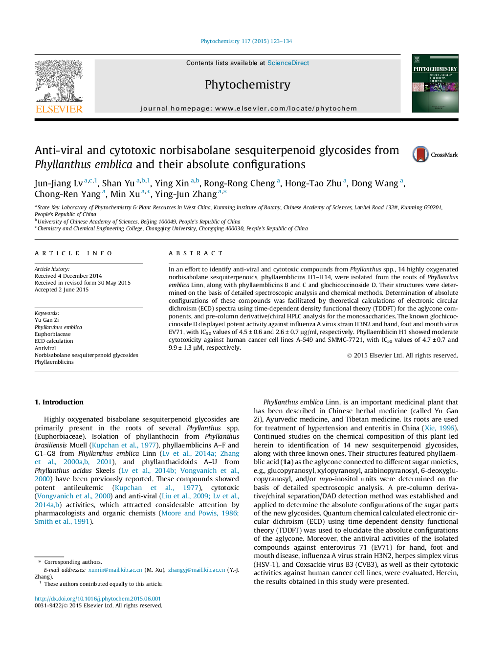 Anti-viral and cytotoxic norbisabolane sesquiterpenoid glycosides from Phyllanthus emblica and their absolute configurations