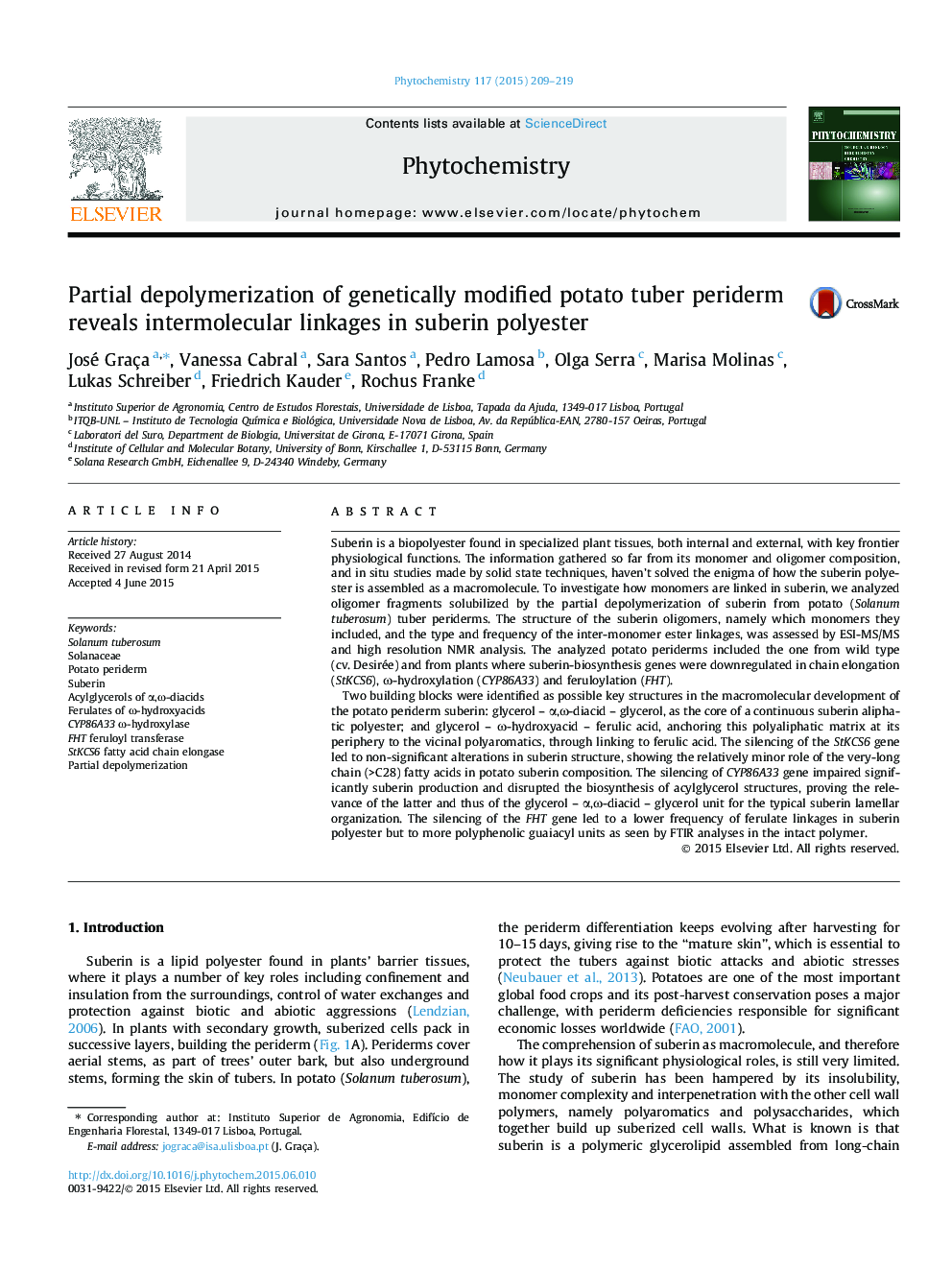 Partial depolymerization of genetically modified potato tuber periderm reveals intermolecular linkages in suberin polyester