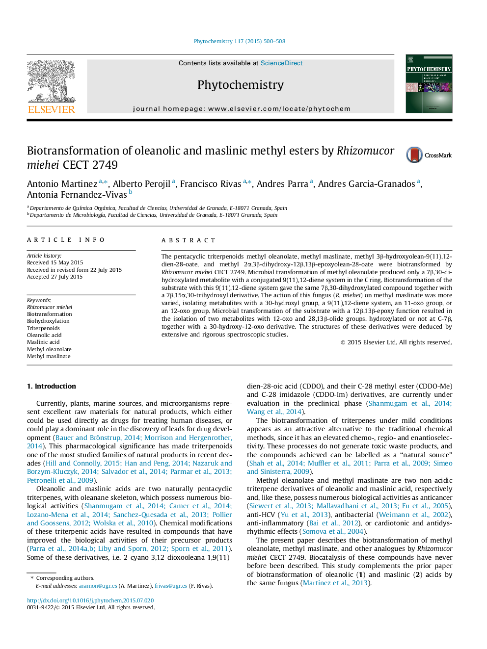 Biotransformation of oleanolic and maslinic methyl esters by Rhizomucor miehei CECT 2749
