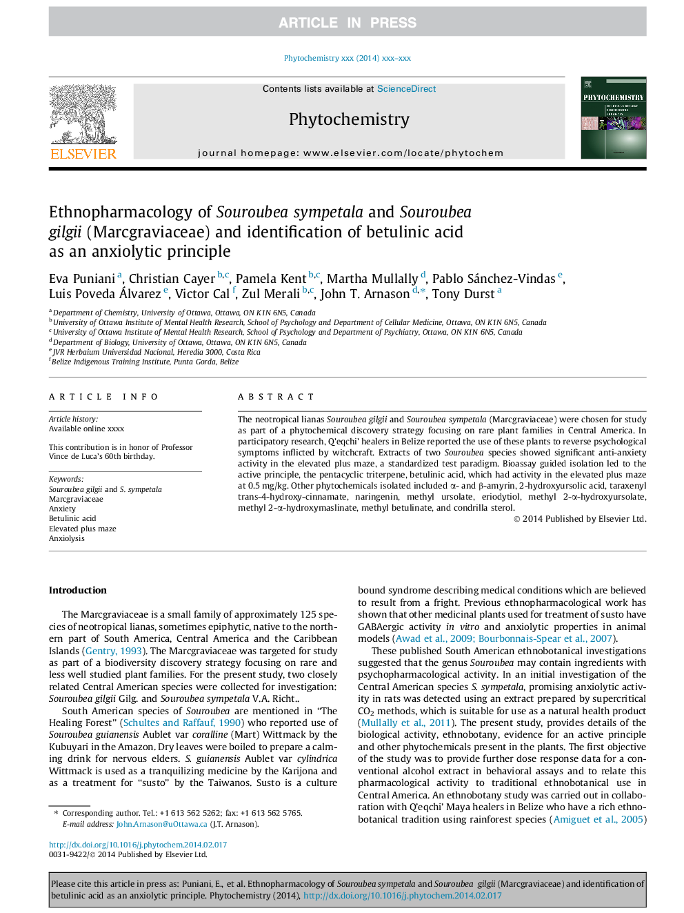 Ethnopharmacology of Souroubea sympetala and Souroubea gilgii (Marcgraviaceae) and identification of betulinic acid as an anxiolytic principle