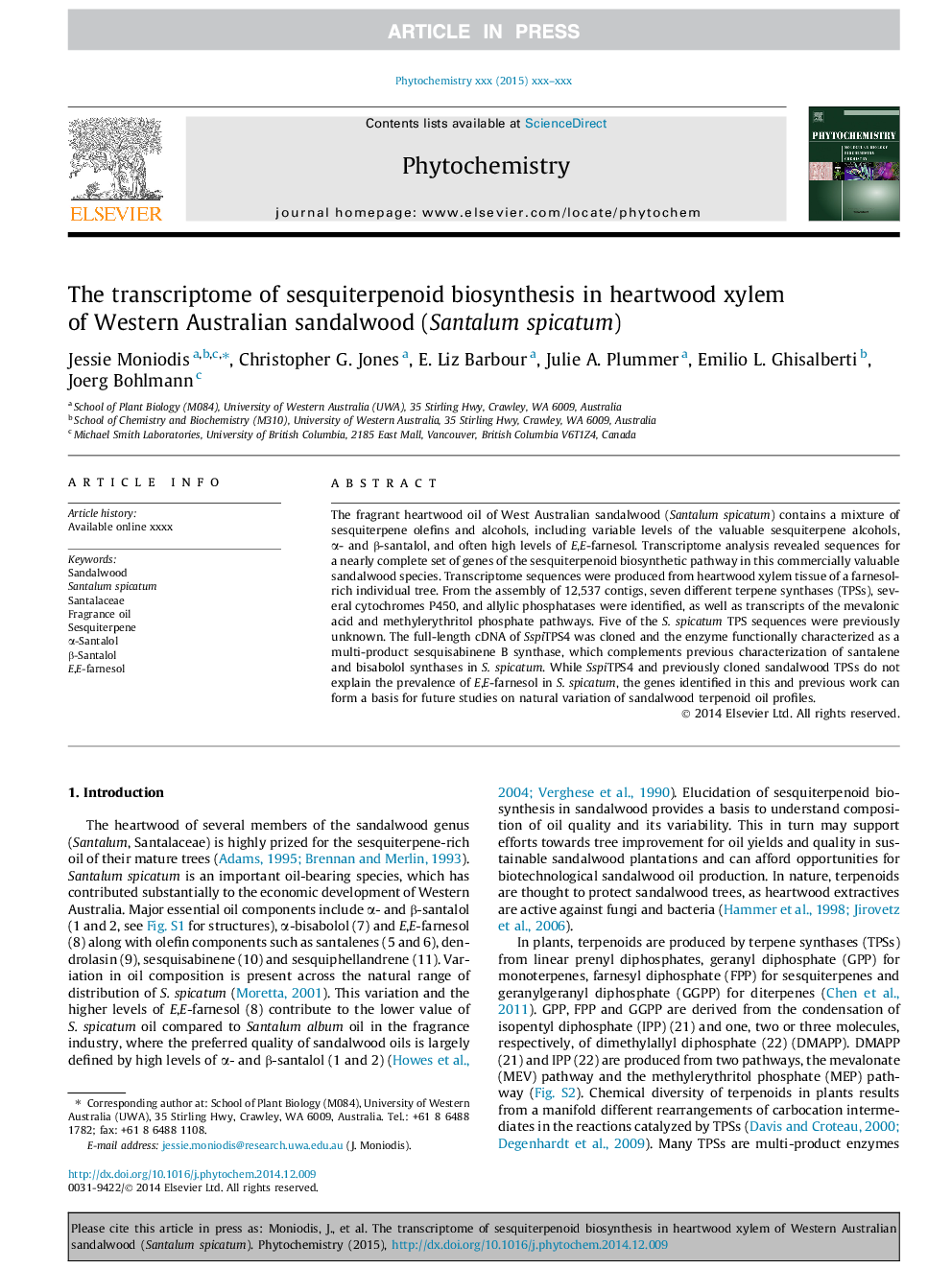 The transcriptome of sesquiterpenoid biosynthesis in heartwood xylem of Western Australian sandalwood (Santalum spicatum)