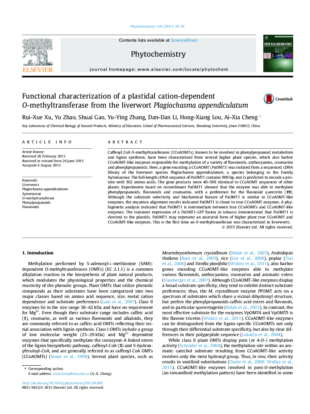 Functional characterization of a plastidal cation-dependent O-methyltransferase from the liverwort Plagiochasma appendiculatum