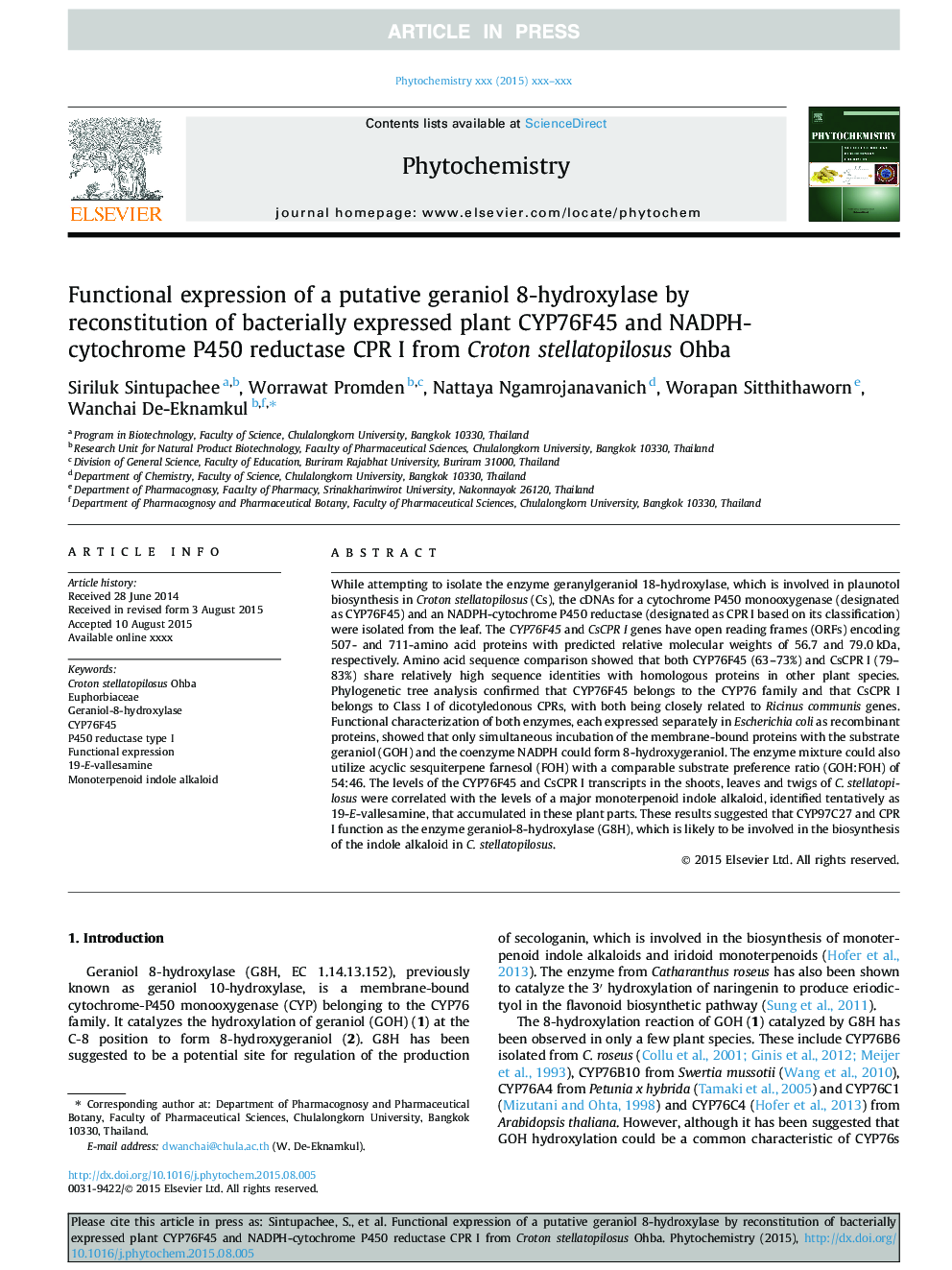 Functional expression of a putative geraniol 8-hydroxylase by reconstitution of bacterially expressed plant CYP76F45 and NADPH-cytochrome P450 reductase CPR I from Croton stellatopilosus Ohba