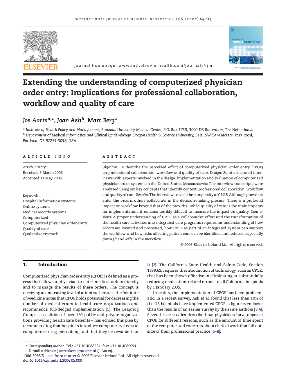 Extending the understanding of computerized physician order entry: Implications for professional collaboration, workflow and quality of care