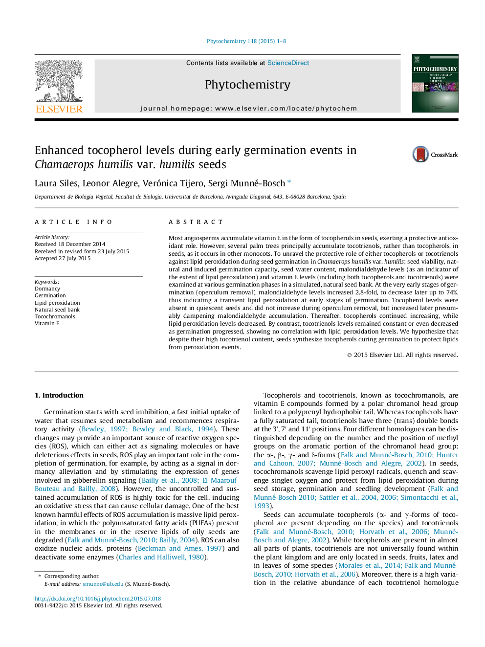 Enhanced tocopherol levels during early germination events in Chamaerops humilis var. humilis seeds