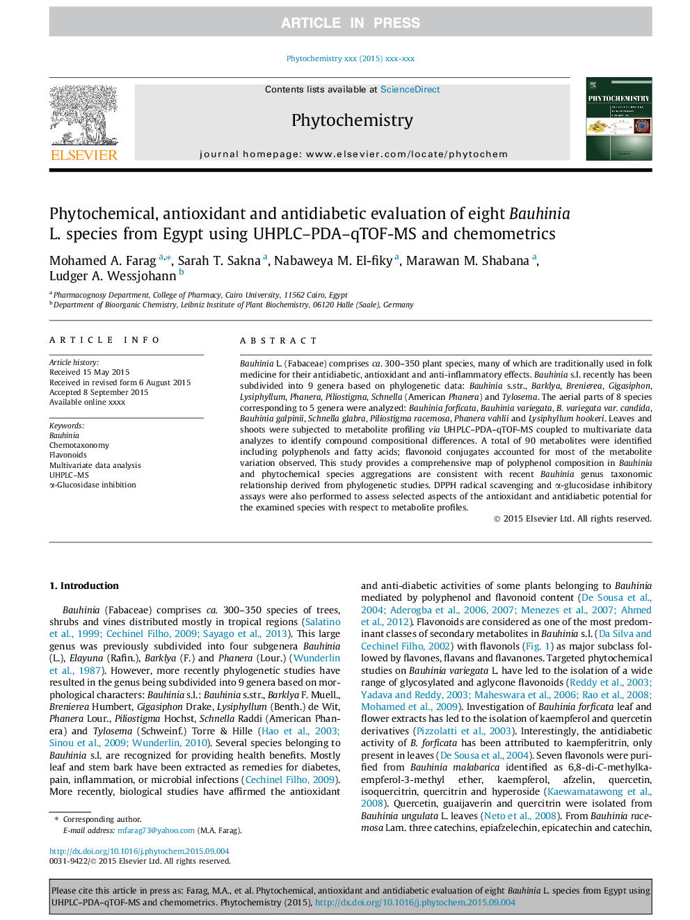 Phytochemical, antioxidant and antidiabetic evaluation of eight Bauhinia L. species from Egypt using UHPLC-PDA-qTOF-MS and chemometrics