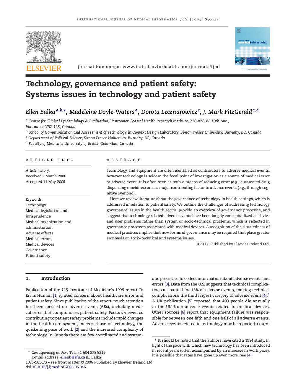 Technology, governance and patient safety: Systems issues in technology and patient safety