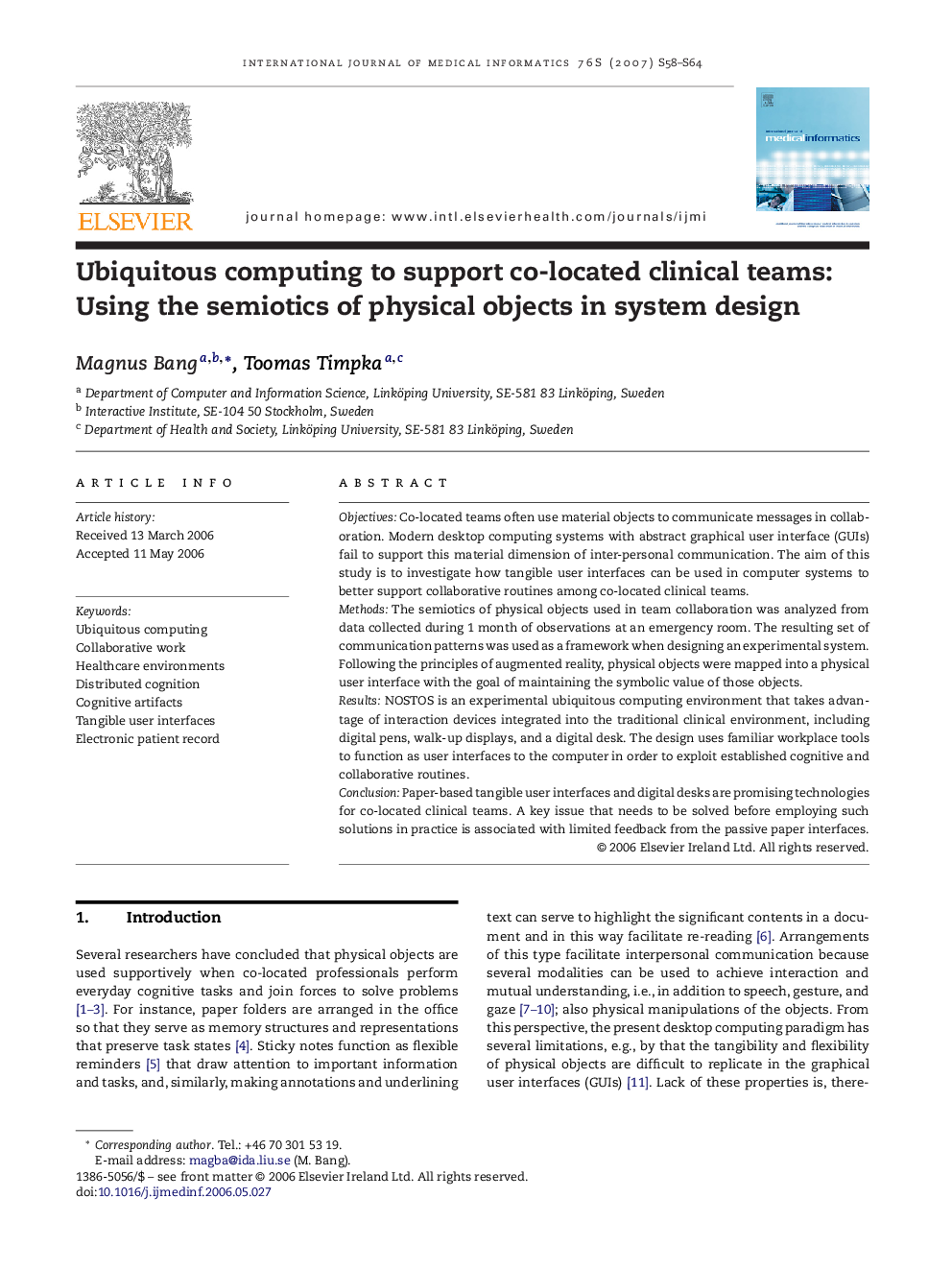 Ubiquitous computing to support co-located clinical teams: Using the semiotics of physical objects in system design