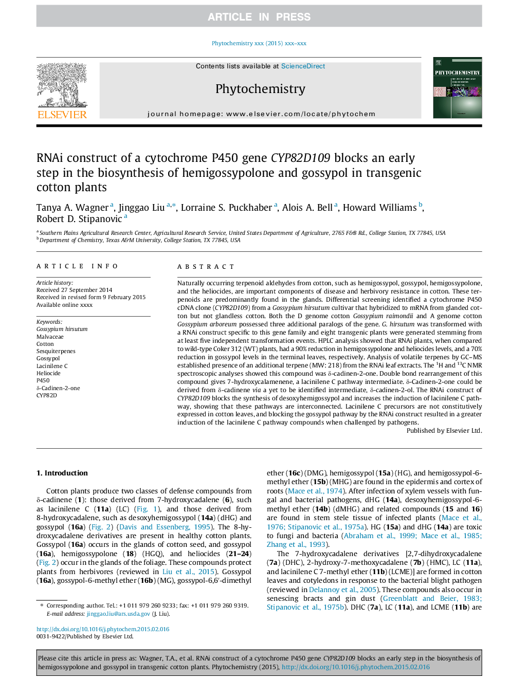 RNAi construct of a cytochrome P450 gene CYP82D109 blocks an early step in the biosynthesis of hemigossypolone and gossypol in transgenic cotton plants