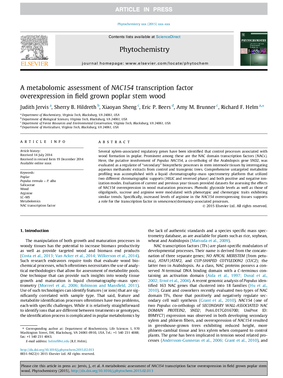 A metabolomic assessment of NAC154 transcription factor overexpression in field grown poplar stem wood