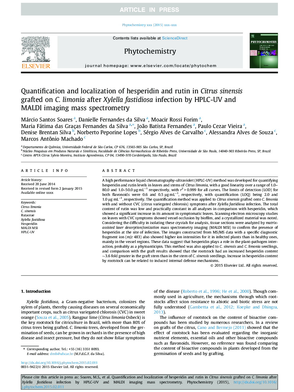 Quantification and localization of hesperidin and rutin in Citrus sinensis grafted on C. limonia after Xylella fastidiosa infection by HPLC-UV and MALDI imaging mass spectrometry