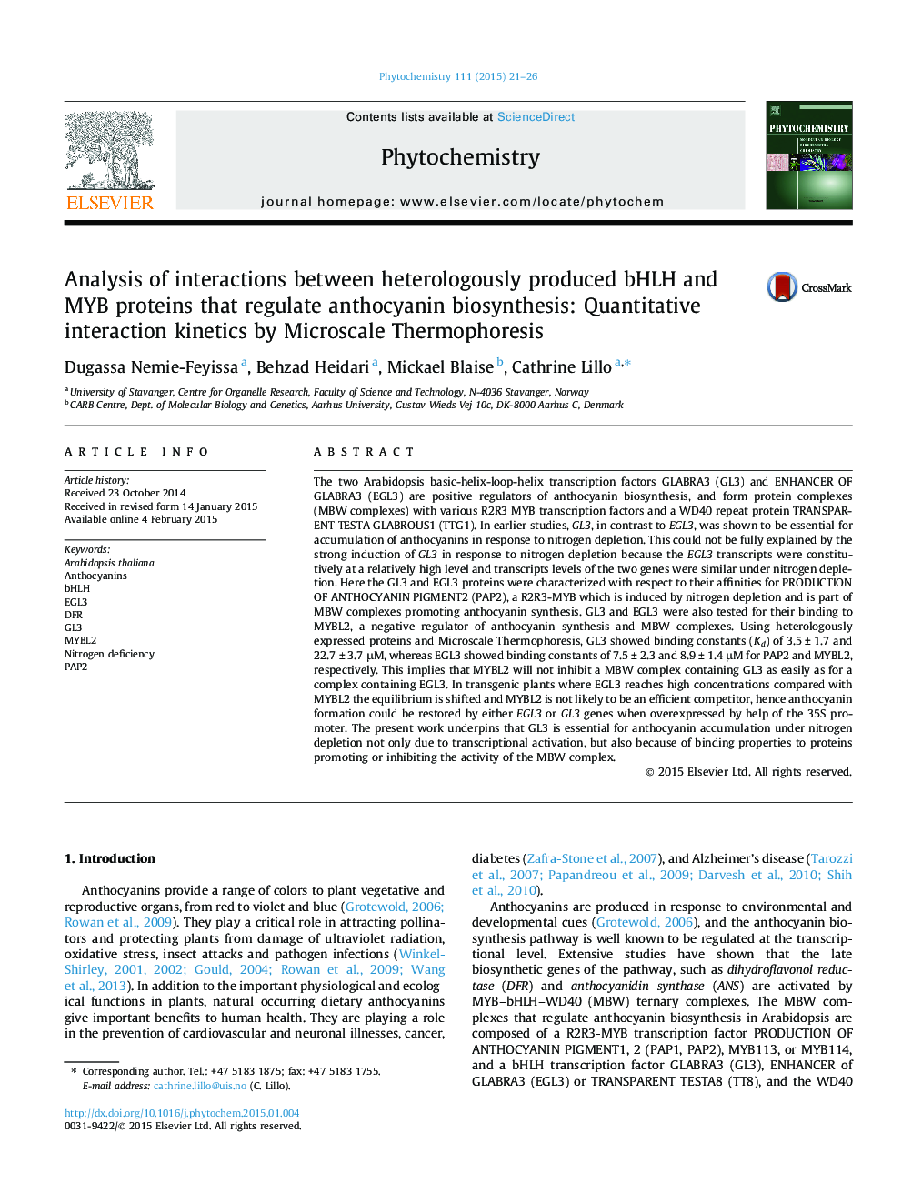 Analysis of interactions between heterologously produced bHLH and MYB proteins that regulate anthocyanin biosynthesis: Quantitative interaction kinetics by Microscale Thermophoresis