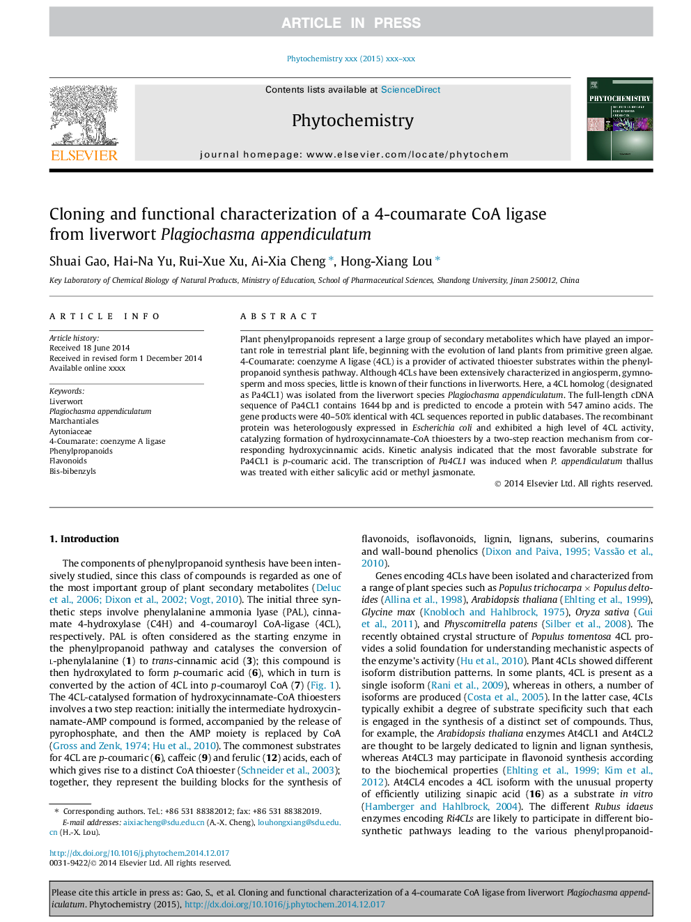 Cloning and functional characterization of a 4-coumarate CoA ligase from liverwort Plagiochasma appendiculatum