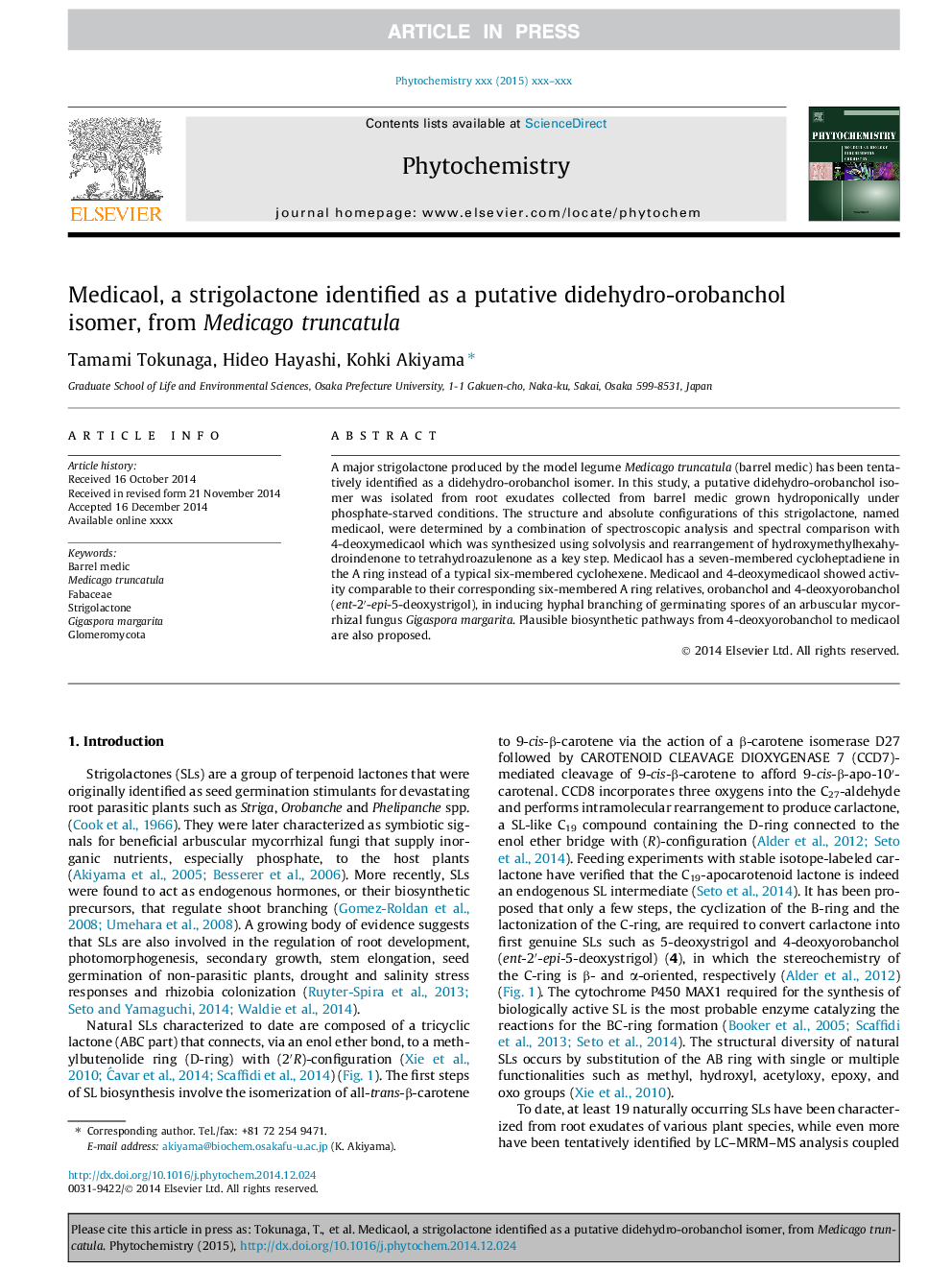 Medicaol, a strigolactone identified as a putative didehydro-orobanchol isomer, from Medicago truncatula