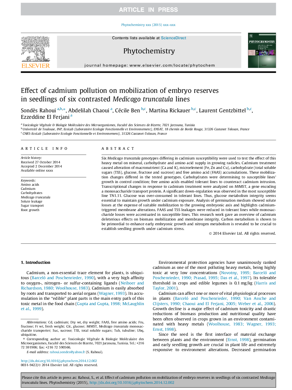 Effect of cadmium pollution on mobilization of embryo reserves in seedlings of six contrasted Medicago truncatula lines