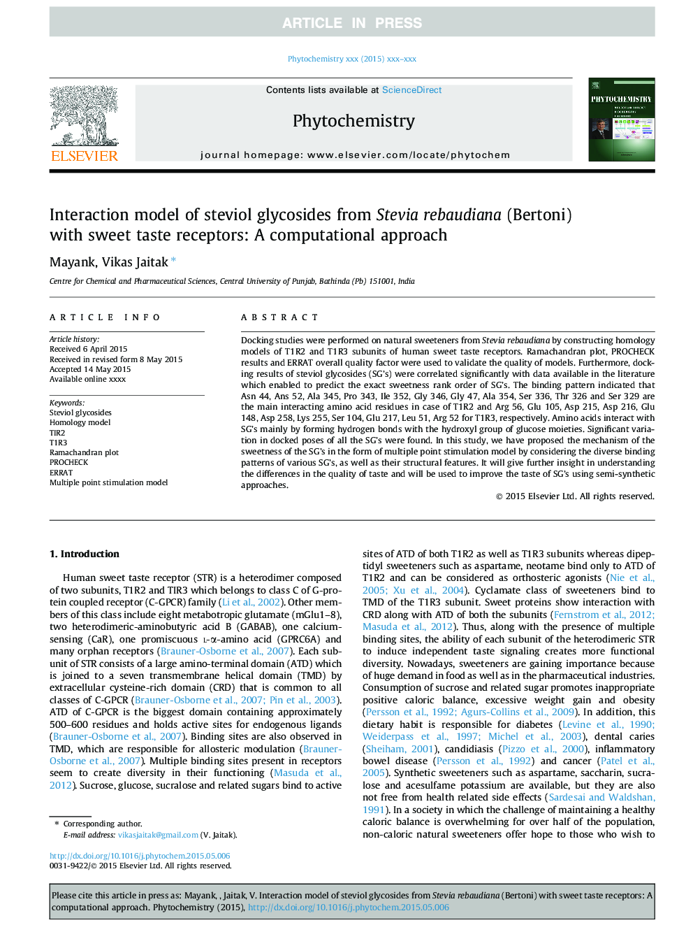 Interaction model of steviol glycosides from Stevia rebaudiana (Bertoni) with sweet taste receptors: A computational approach