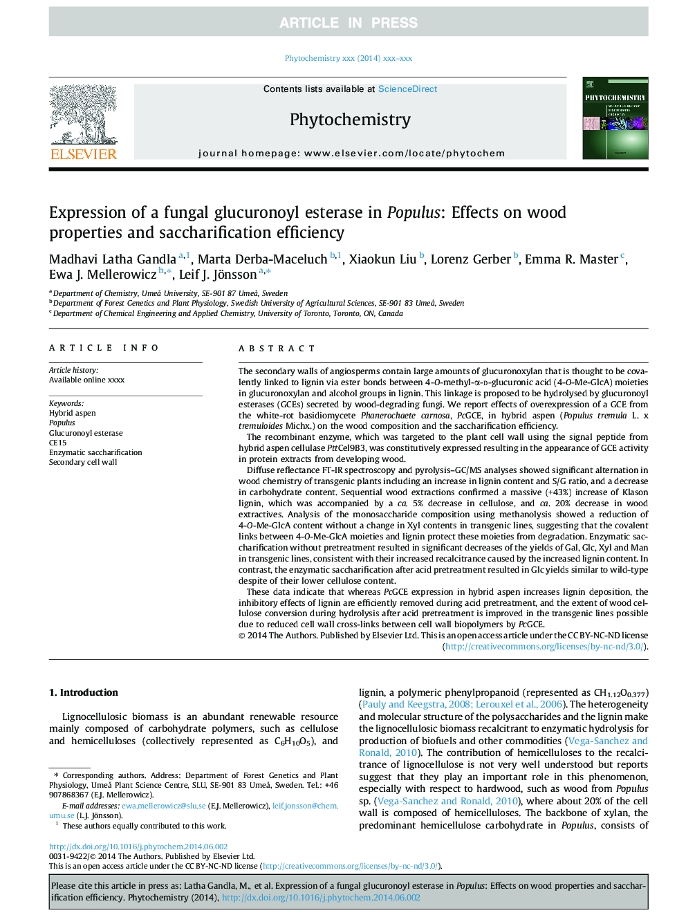 Expression of a fungal glucuronoyl esterase in Populus: Effects on wood properties and saccharification efficiency