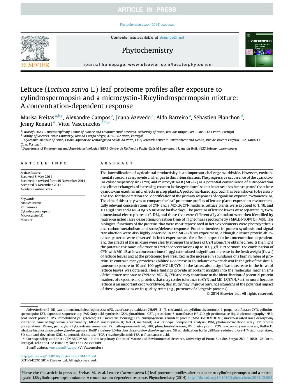 Lettuce (Lactuca sativa L.) leaf-proteome profiles after exposure to cylindrospermopsin and a microcystin-LR/cylindrospermopsin mixture: A concentration-dependent response