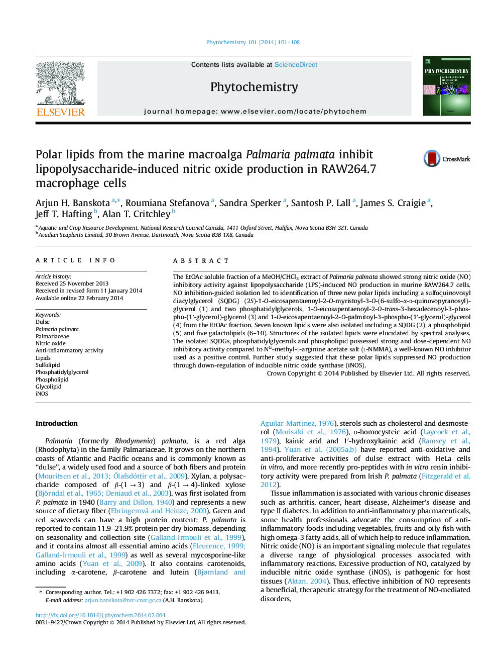 Polar lipids from the marine macroalga Palmaria palmata inhibit lipopolysaccharide-induced nitric oxide production in RAW264.7 macrophage cells
