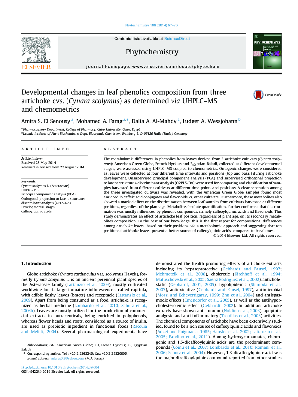 Developmental changes in leaf phenolics composition from three artichoke cvs. (Cynara scolymus) as determined via UHPLC-MS and chemometrics