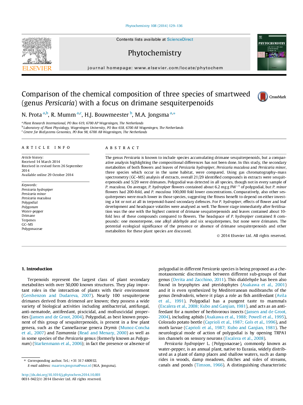 Comparison of the chemical composition of three species of smartweed (genus Persicaria) with a focus on drimane sesquiterpenoids