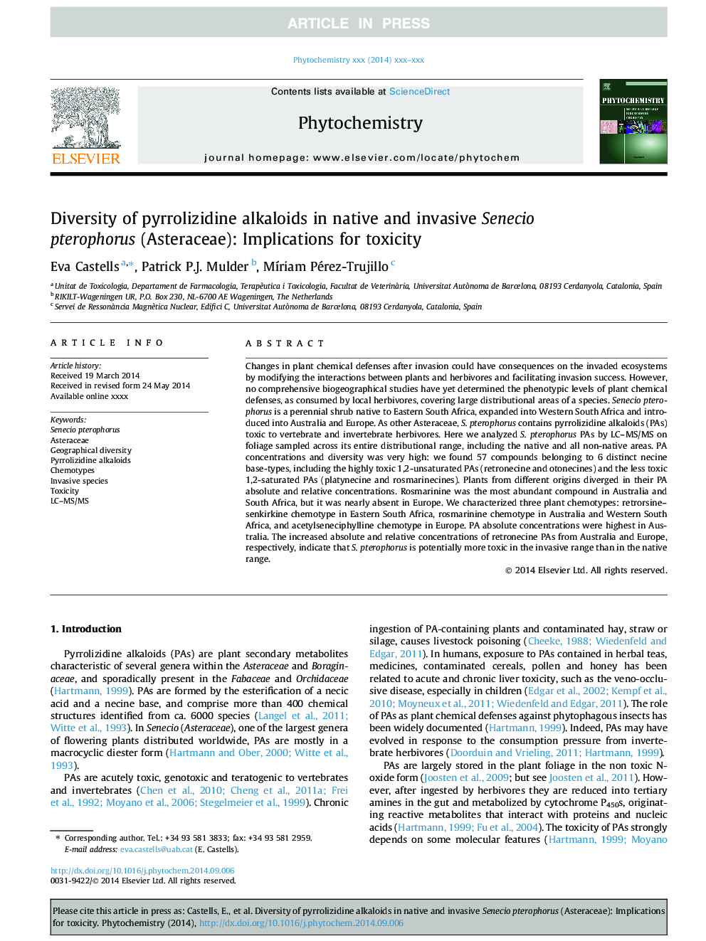 Diversity of pyrrolizidine alkaloids in native and invasive Senecio pterophorus (Asteraceae): Implications for toxicity