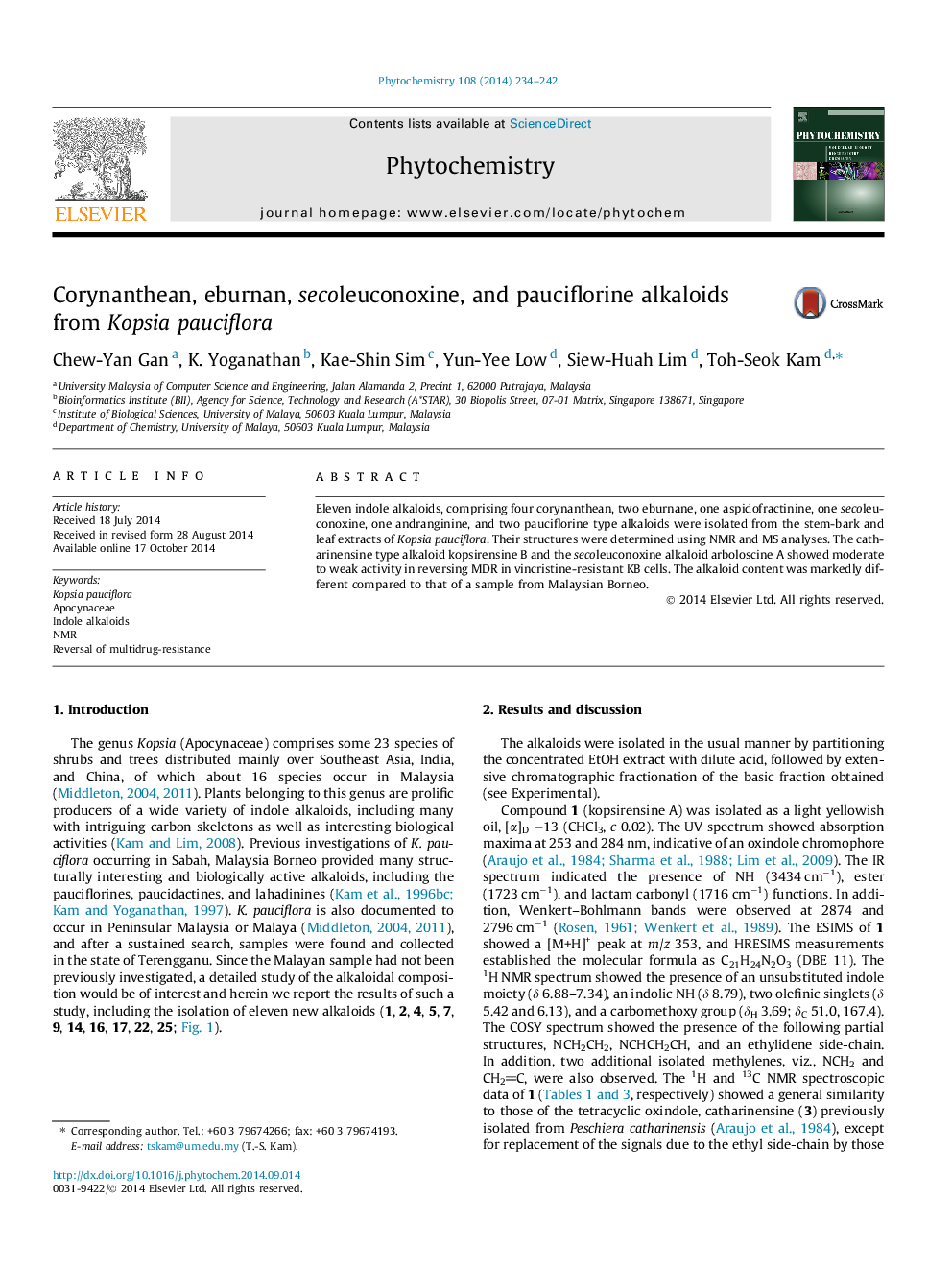 Corynanthean, eburnan, secoleuconoxine, and pauciflorine alkaloids from Kopsia pauciflora