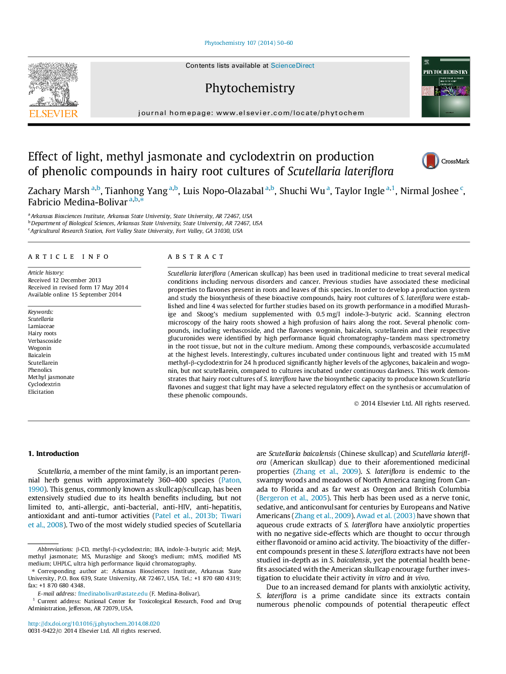 Effect of light, methyl jasmonate and cyclodextrin on production of phenolic compounds in hairy root cultures of Scutellaria lateriflora