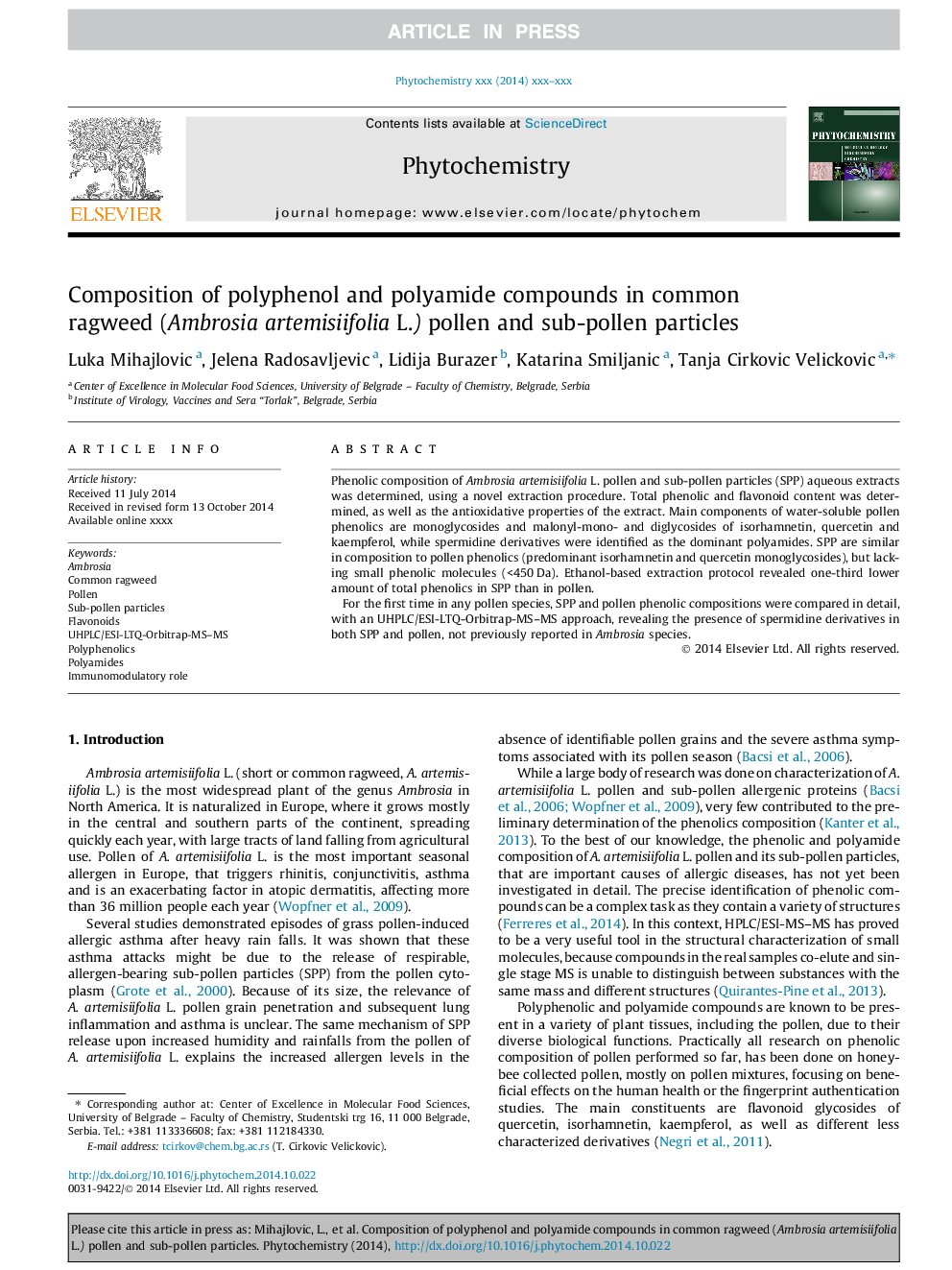 Composition of polyphenol and polyamide compounds in common ragweed (Ambrosia artemisiifolia L.) pollen and sub-pollen particles