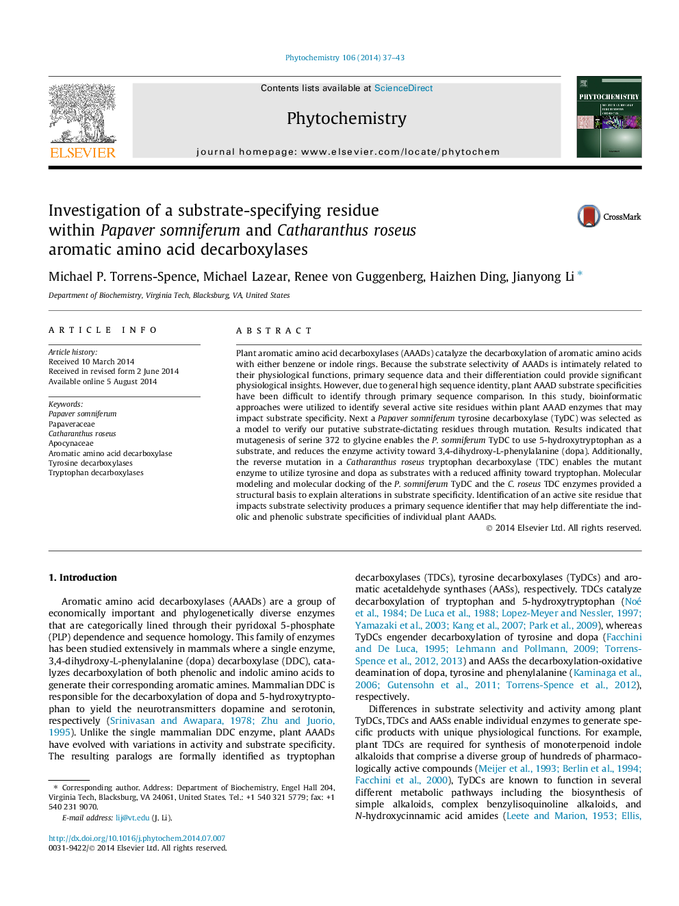 Investigation of a substrate-specifying residue within Papaver somniferum and Catharanthus roseus aromatic amino acid decarboxylases