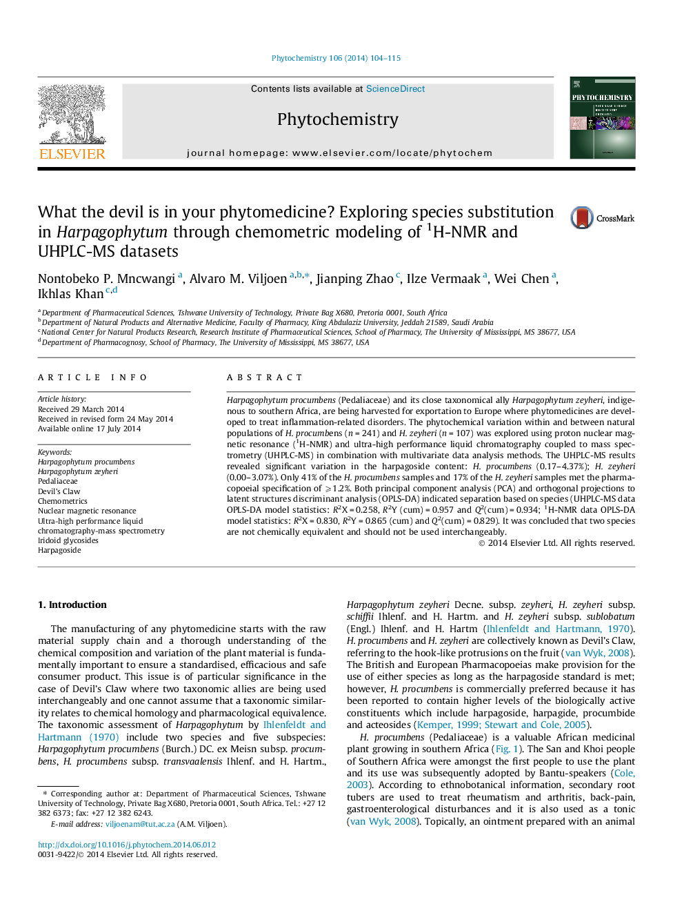 What the devil is in your phytomedicine? Exploring species substitution in Harpagophytum through chemometric modeling of 1H-NMR and UHPLC-MS datasets