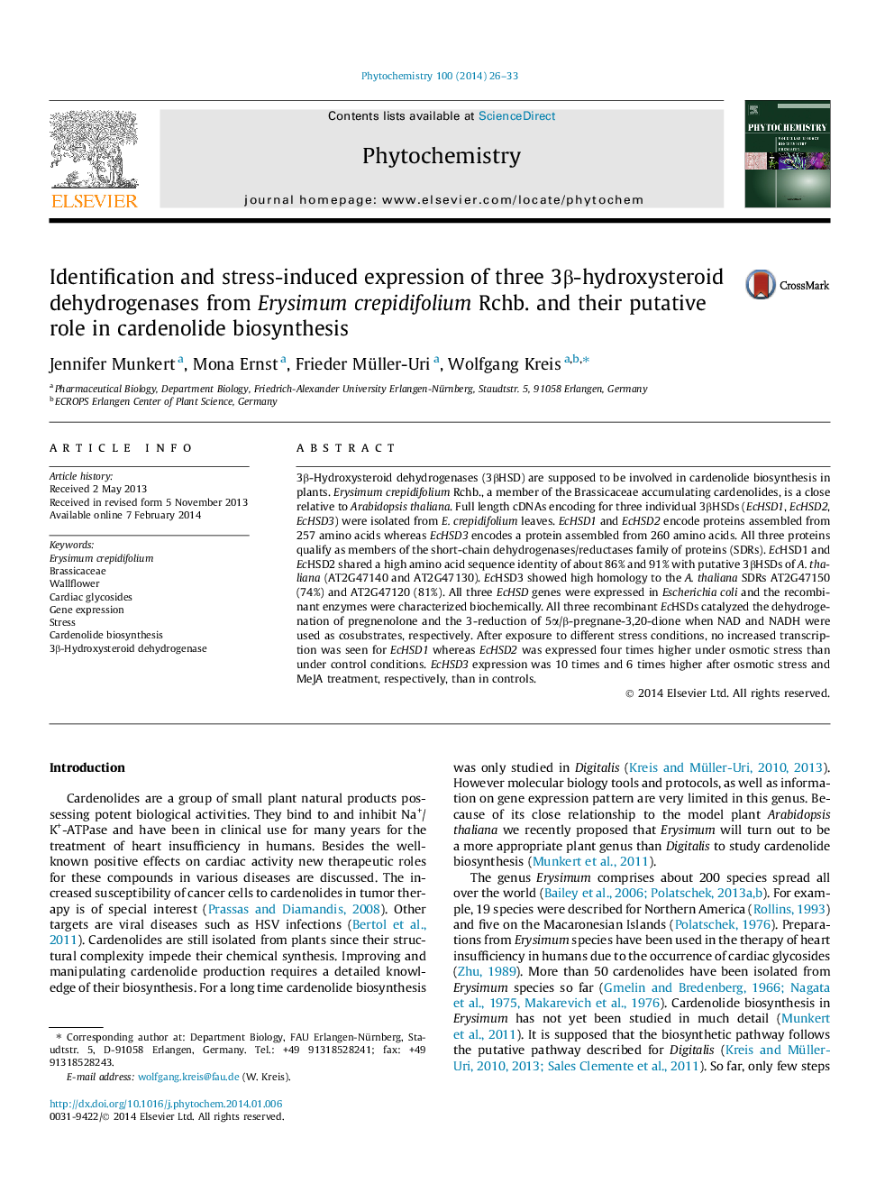 Identification and stress-induced expression of three 3Î²-hydroxysteroid dehydrogenases from Erysimum crepidifolium Rchb. and their putative role in cardenolide biosynthesis