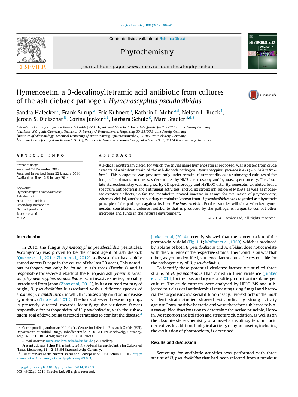 Hymenosetin, a 3-decalinoyltetramic acid antibiotic from cultures of the ash dieback pathogen, Hymenoscyphus pseudoalbidus