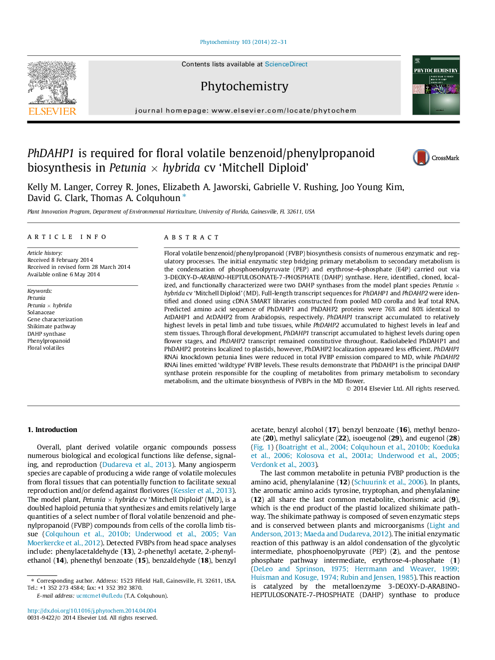 PhDAHP1 is required for floral volatile benzenoid/phenylpropanoid biosynthesis in Petunia Ã hybrida cv 'Mitchell Diploid'