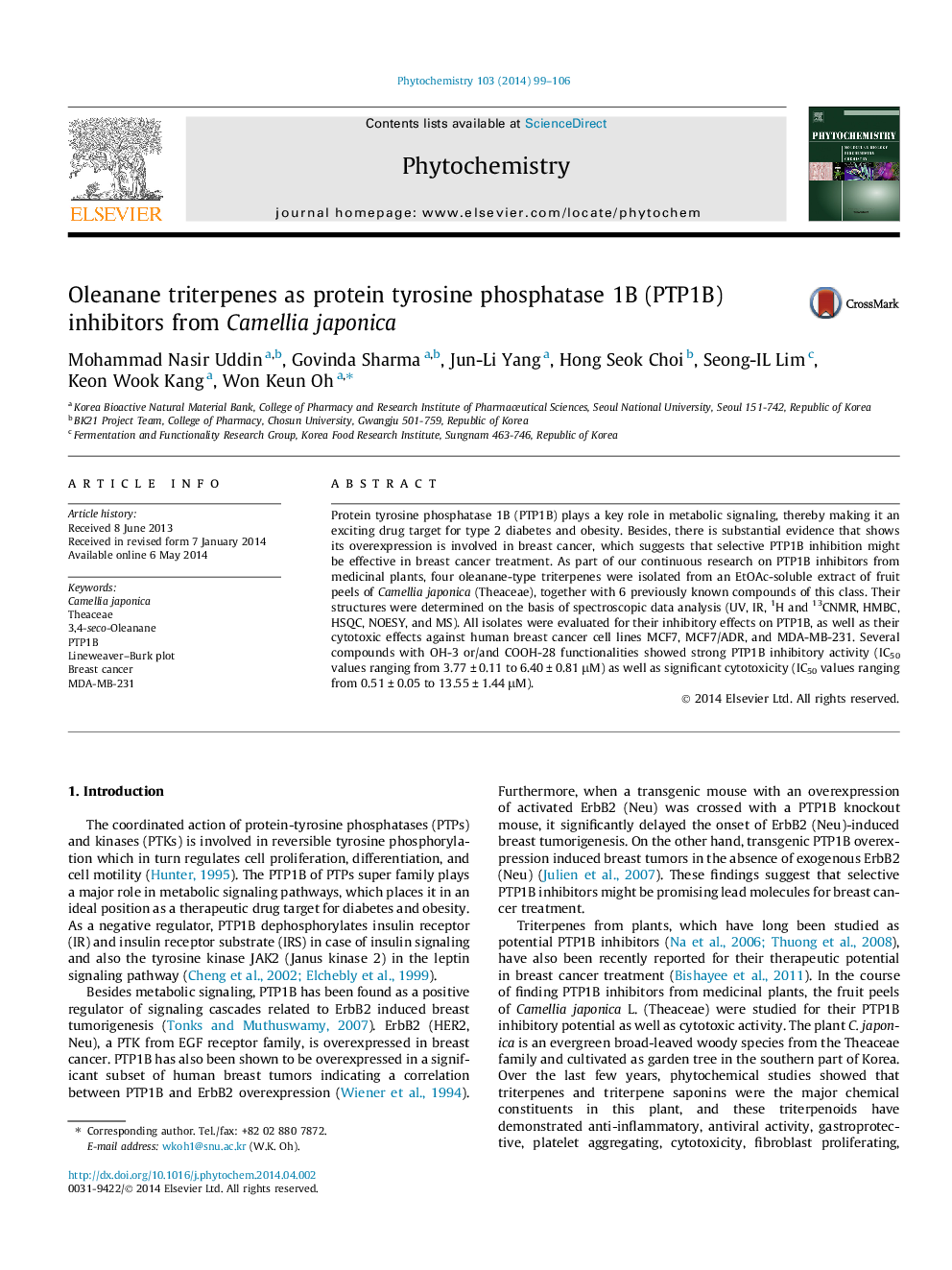 Oleanane triterpenes as protein tyrosine phosphatase 1B (PTP1B) inhibitors from Camellia japonica